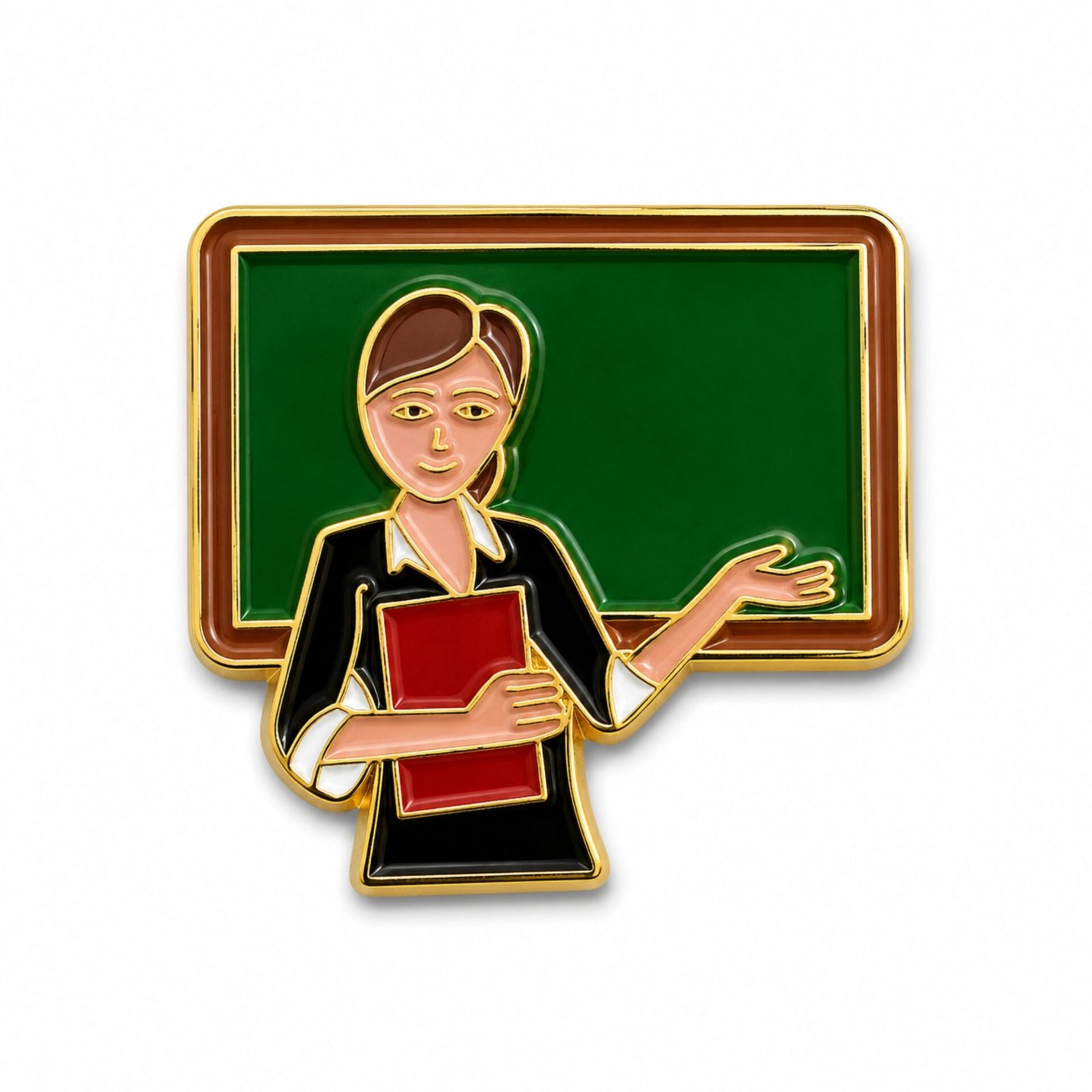 teacher-classroom-metal-sticker.jpg ستيكر معدني لمعلمة تقف أمام السبورة وتحمل كتابًا.