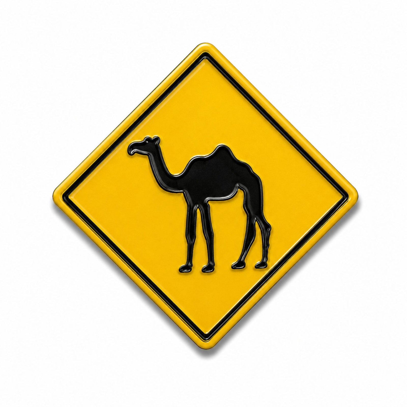 camel-crossing-metal-sticker.jpg ستيكر معدني مستوحى من لوحة تحذير عبور الجمال باللون الأصفر.
