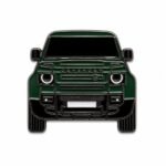 ستيكر Land Rover Defender أخضر بتصميم الواجهة الأمامية بخلفية بيضاء.