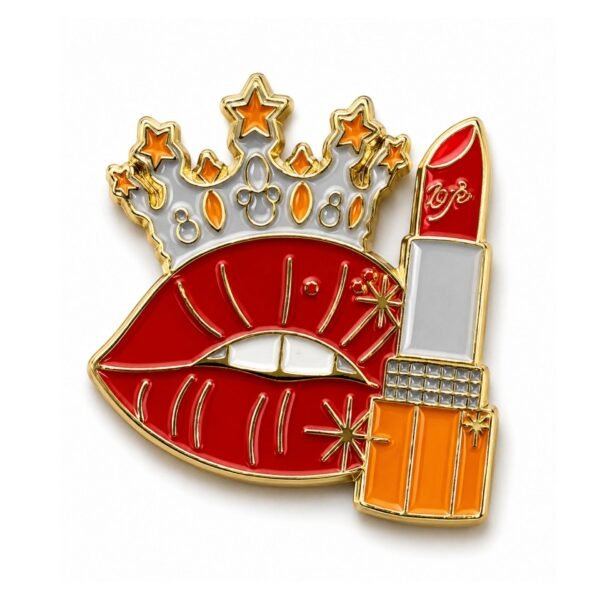 ستيكر معدني Queen Lips بتصميم شفاه حمراء وتاج وأحمر شفاه ذهبي.