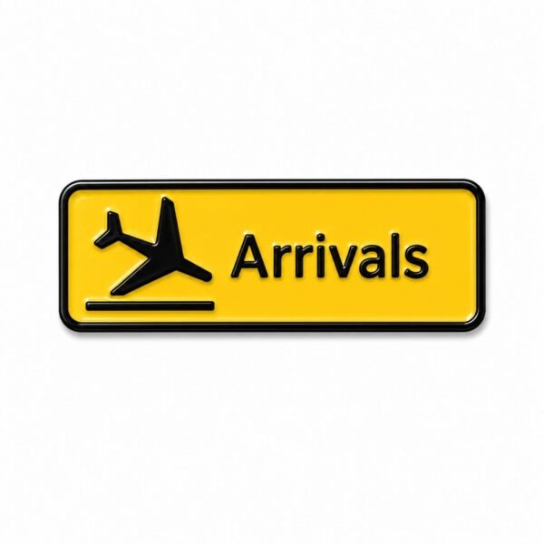 ستيكر معدني بتصميم لوحة Arrivals الصفراء الخاصة بالمطار.
