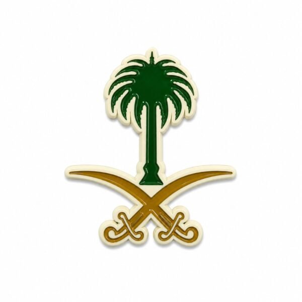 ستيكر شعار السعودية بتصميم النخلة والسيفين باللون الأخضر والذهبي