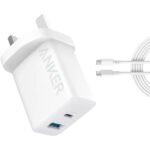 شاحن Anker بقوة 20W باللون الأبيض مع كيبل USB-C بطول 1.5 متر