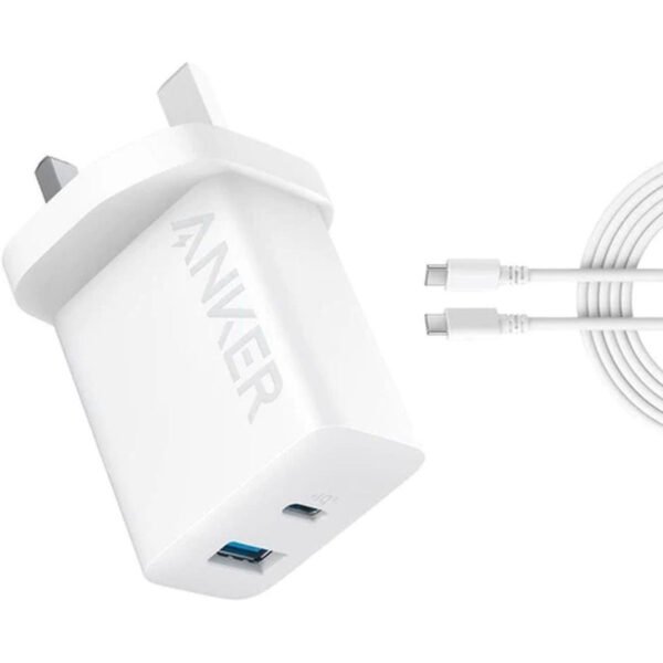 شاحن Anker بقوة 20W باللون الأبيض مع كيبل USB-C بطول 1.5 متر