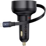 شاحن سيارة Baseus بقوة 55W مع كيبل Lightning مدمج قابل للسحب ومنفذ USB-C باللون الأسود