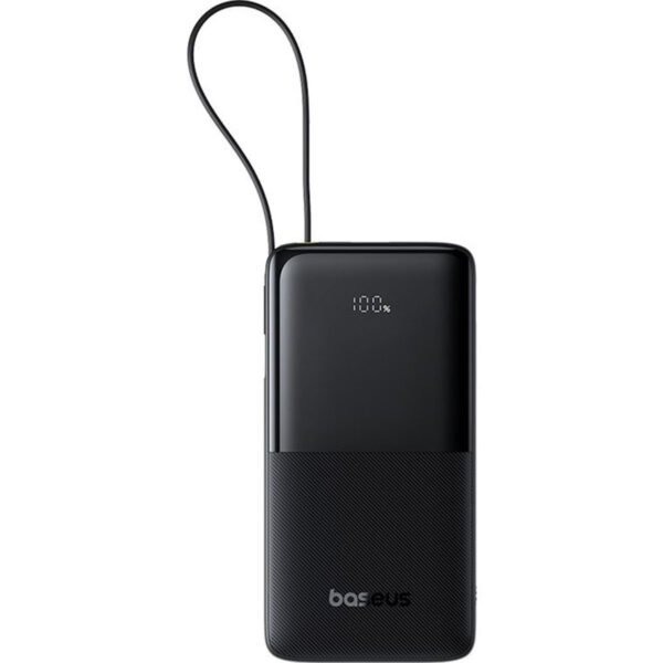 باور بنك Baseus Bipow 2 بسعة 20000mAh مع كيبل USB-C مدمج وشاشة رقمية باللون الأسود