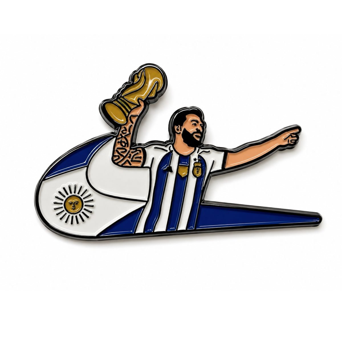 🇦🇷🏆 ستيكر معدني ميسي يرفع كأس العالم ستيكر معدني ميسي يرفع كأس العالم بقميص الأرجنتين على خلفية بألوان علم الأرجنتين لكفر الجوال