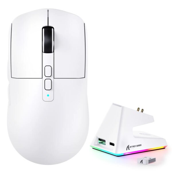 ماوس الألعاب Attack Shark X6 اللاسلكي الأبيض بحساس PAW-3395 مع قاعدة الشحن RGB