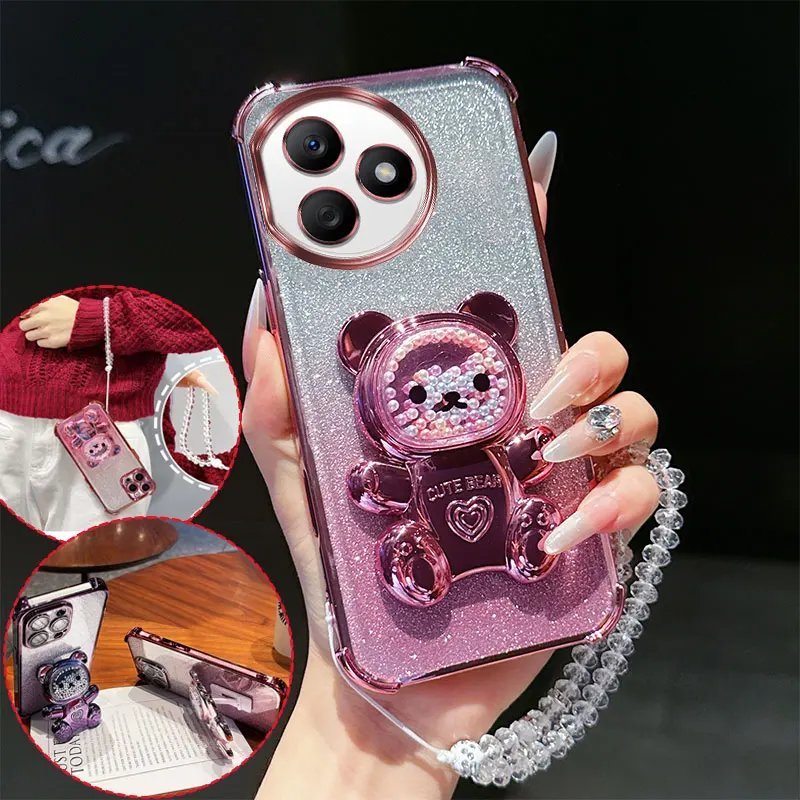 Glitter Case with Teddy Stand and Crystal Chain for Honor X50i Plus - Mobiles Garage 🧸 Glitter Case with Teddy Stand and Crystal Chain for Honor X50i Plus