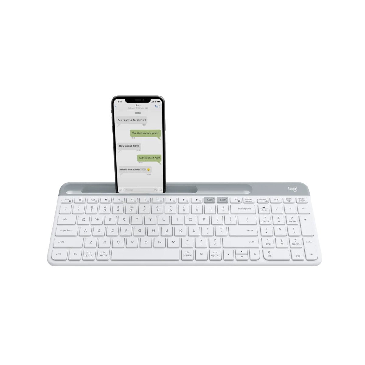 ⌨️ كيبورد لوجيتك K580 النحيف لعدة أجهزة أبيض كيبورد Logitech K580 النحيف اللاسلكي باللون الأبيض مع مكان للجوال
