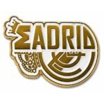 ستيكر معدني كلمة MADRID بالذهبي مع تاج ونقشة دائرية على خلفية بيضاء - موبايل كراج