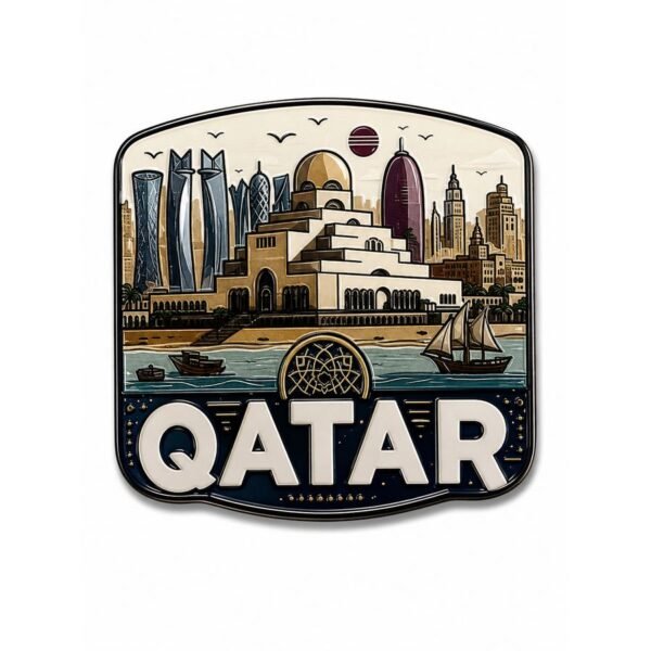 ستيكر معدني أفق الدوحة ومتحف الفن الإسلامي والسفن التقليدية مع كلمة QATAR - موبايل كراج