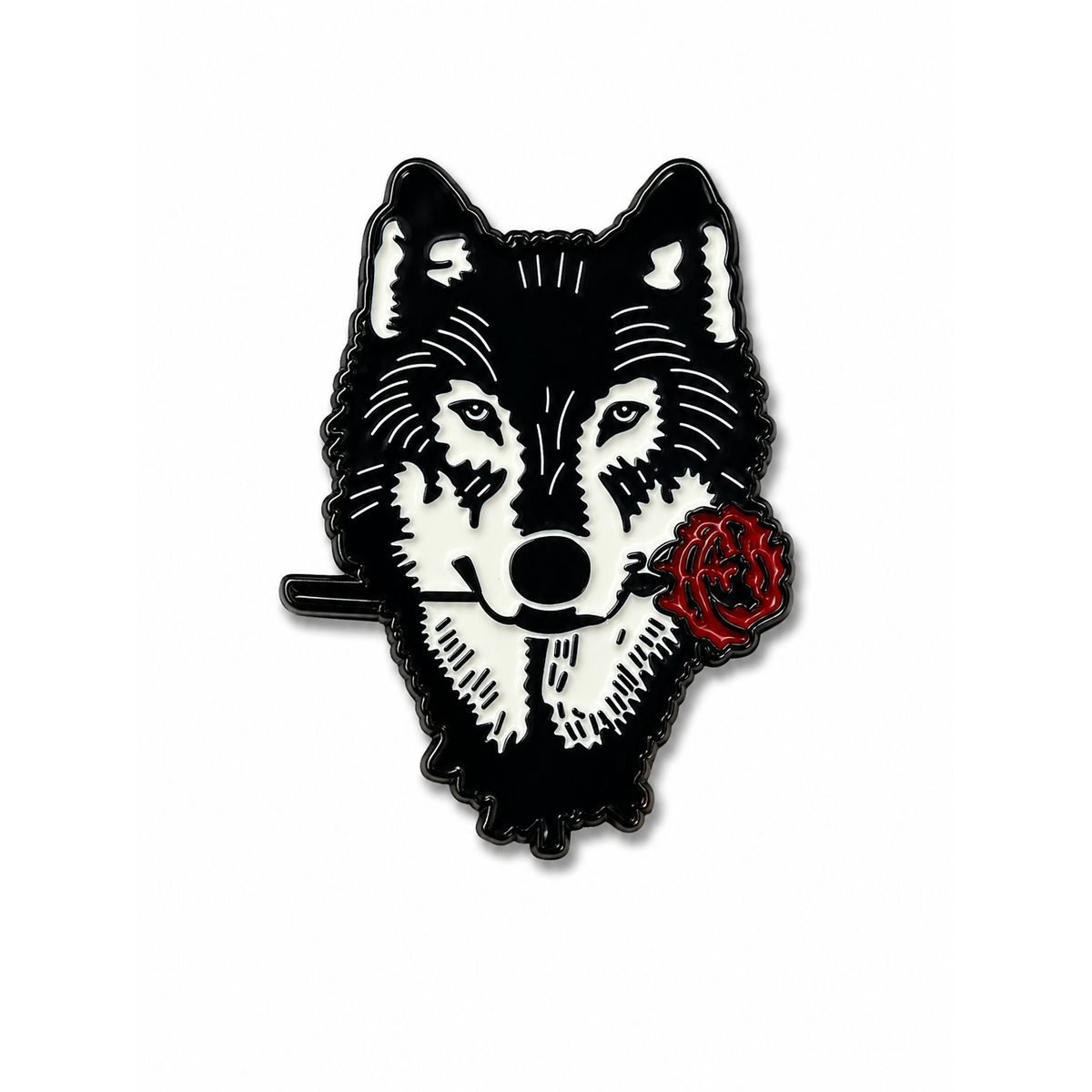 🐺🌹 ستيكر معدني ذئب يحمل وردة حمراء ستيكر معدني ذئب أبيض وأسود يمسك وردة حمراء بفمه - موبايل كراج