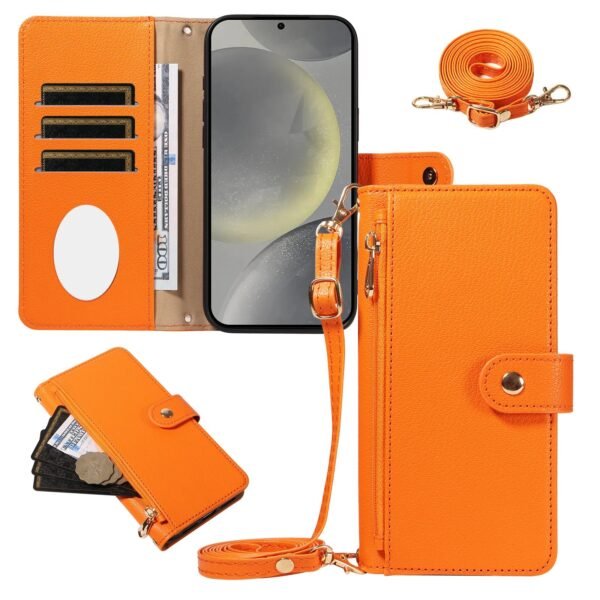 👜 Zip Wallet Leather Case with Mirror and Shoulder Strap for Samsung Galaxy S