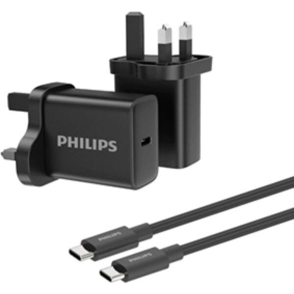 شاحن Philips GaN بقوة 30W باللون الأسود مع كيبل Type-C بطول 1 متر