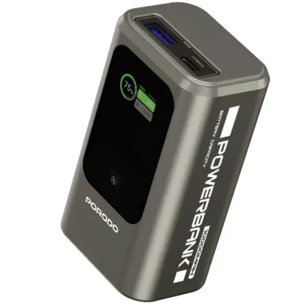 باور بنك Porodo الصغير بسعة 10000mAh مع شاشة تعرض الشحن لحظياً باللون الرمادي