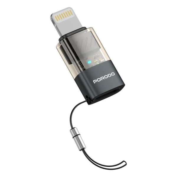 محول Porodo MiniLink الشفاف OTG من USB-C إلى Lightning باللون الرمادي