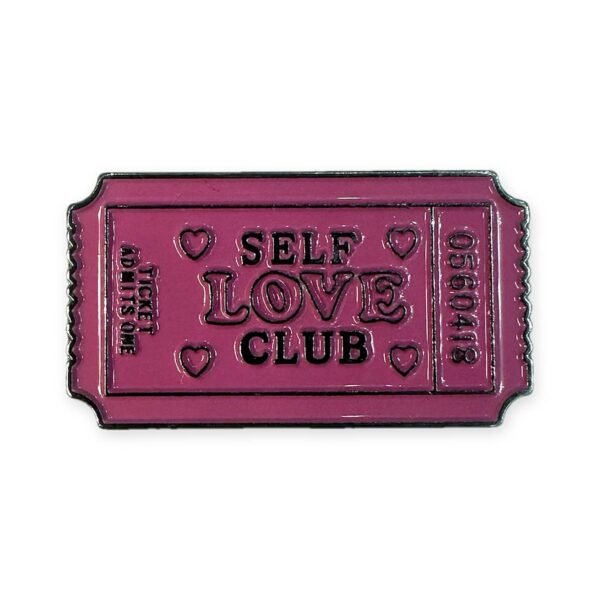 ستيكر معدني على شكل تذكرة وردية مكتوب عليها Self Love Club مع قلوب صغيرة لكفر الجوال